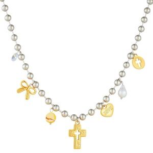18k Gold and Silver Plated Charm Cross & Fresh Water Pearl Necklace